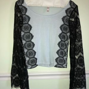 light blue with black lace long sleeves top small